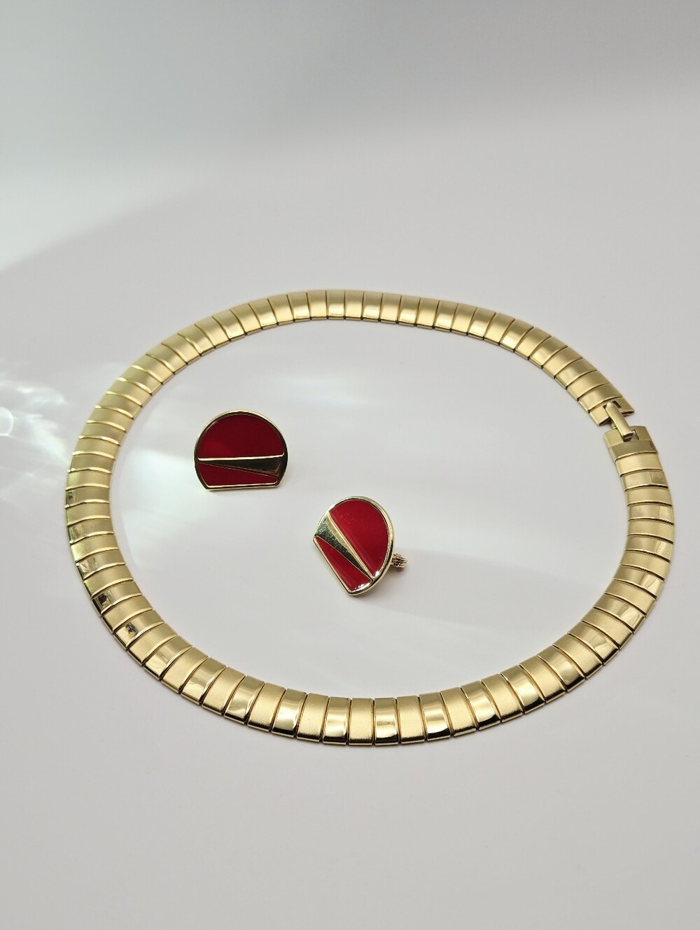 Monet Red Enamel Gold-Tone Geometric Earring/ Unbranded Collar Necklace  Set - Picture 10 of 13